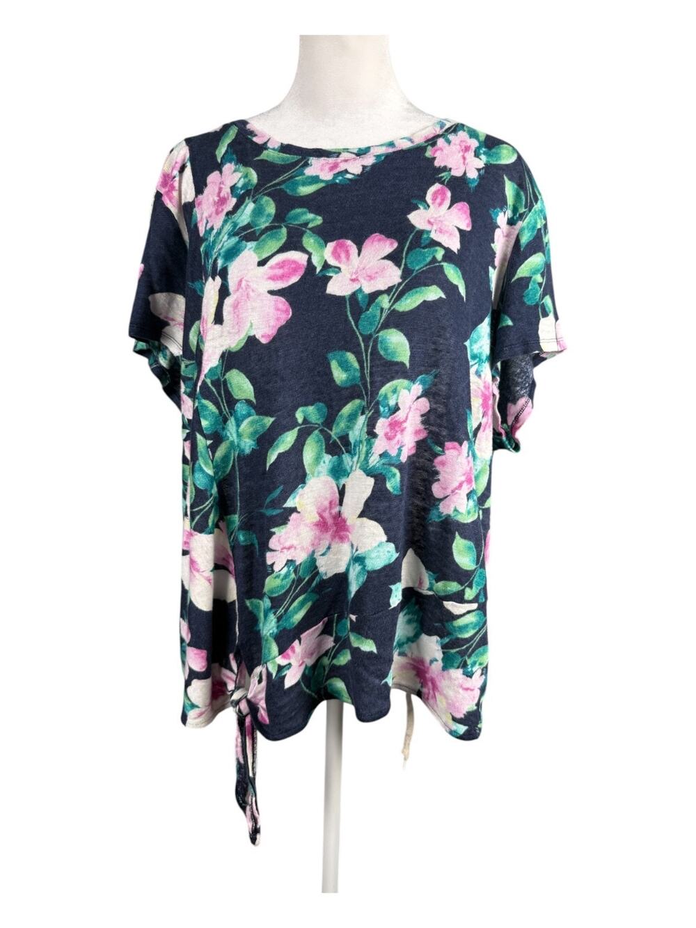 J Jill XL Love Linen Short Sleeve Knit Top Navy Blue Pink Floral Side Tie Tee
